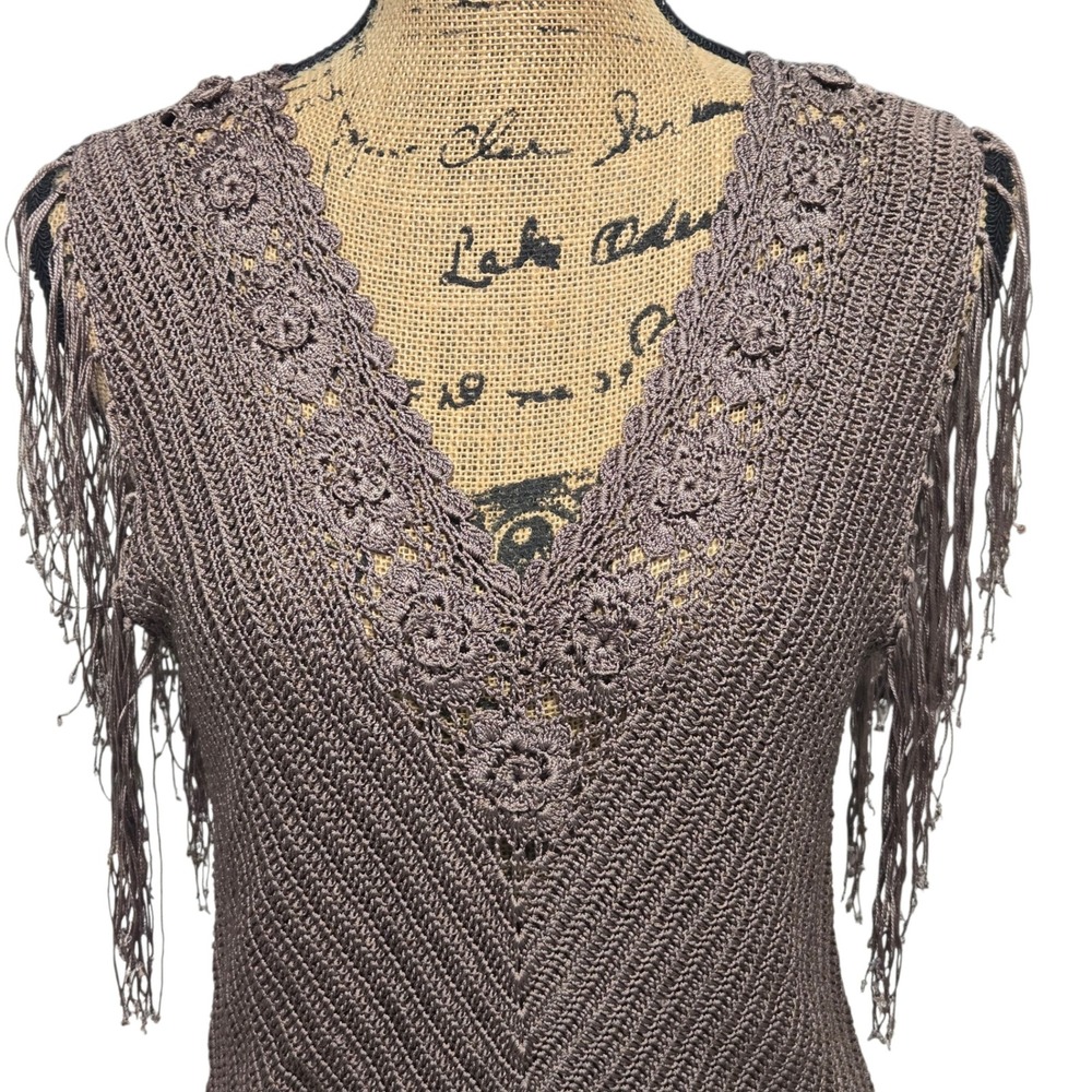 The Limited Hand Knit Tank Top Womens L Brown Crochet Fringe Boho Hippie EUC - Picture 2 of 9